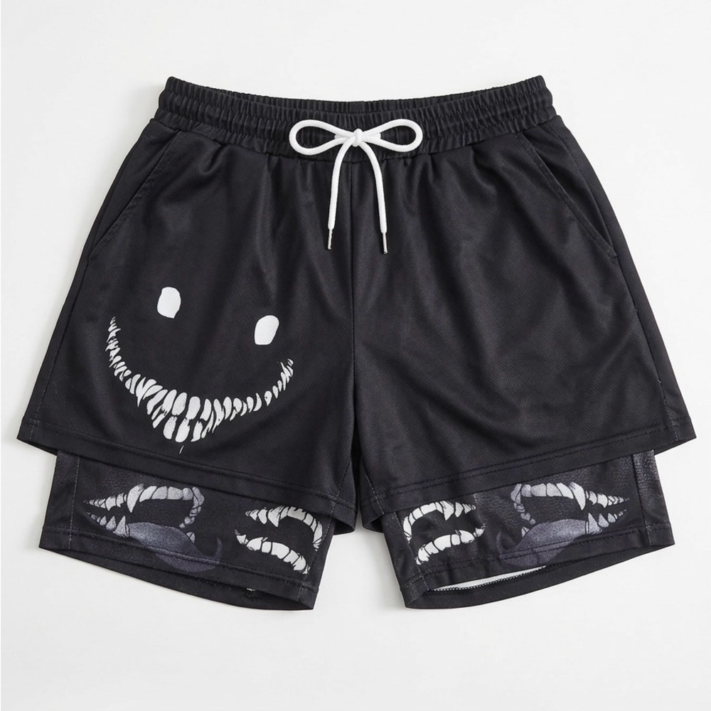 ROMWE Gothic Graphic 2-in-1 Shorts Size M Black Smiley Face Compression Lined